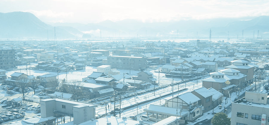 View in front of Sabae Station in the winter wonderland of snow